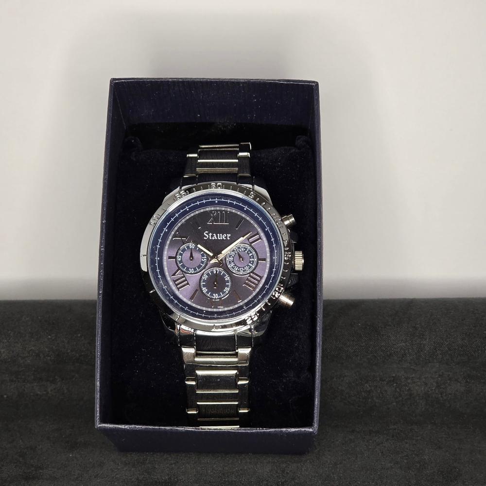 Stauer Chronograph Watch Mens OS Silver Blue‎ Dial Stainless Steel Luxury